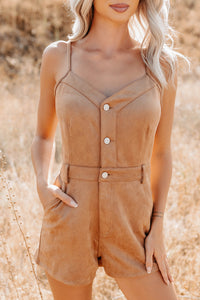 Groovy Glow Sleeveless Faux Suede Romper (Camel) - NanaMacs