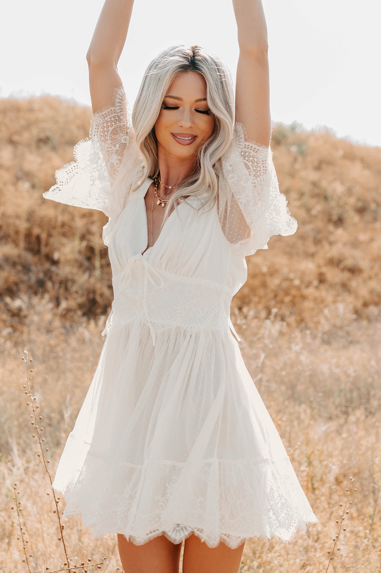 Ethereal Aura Dotted Mesh Mini Dress (Cream) - NanaMacs