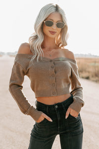 Stay Mine Off The Shoulder Buttoned Sweater Top (Dark Taupe) - NanaMacs
