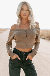 Stay Mine Off The Shoulder Buttoned Sweater Top (Dark Taupe) - NanaMacs