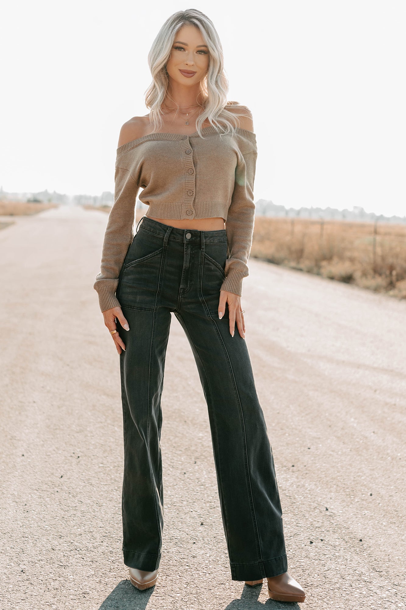 Stay Mine Off The Shoulder Buttoned Sweater Top (Dark Taupe) - NanaMacs