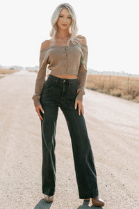 Stay Mine Off The Shoulder Buttoned Sweater Top (Dark Taupe) - NanaMacs