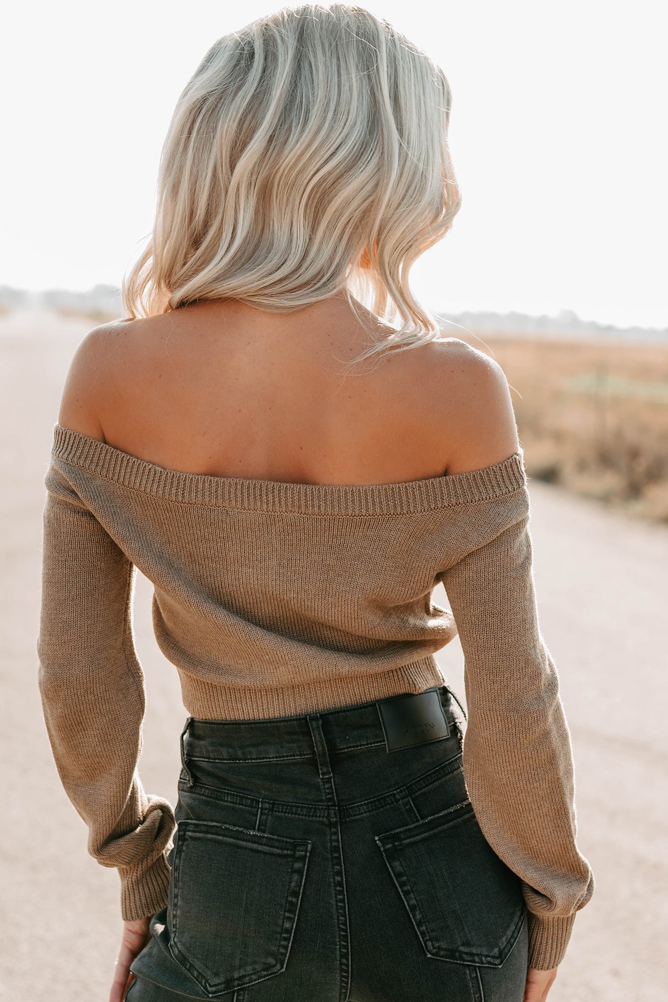Stay Mine Off The Shoulder Buttoned Sweater Top (Dark Taupe) - NanaMacs