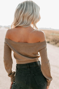 Stay Mine Off The Shoulder Buttoned Sweater Top (Dark Taupe) - NanaMacs