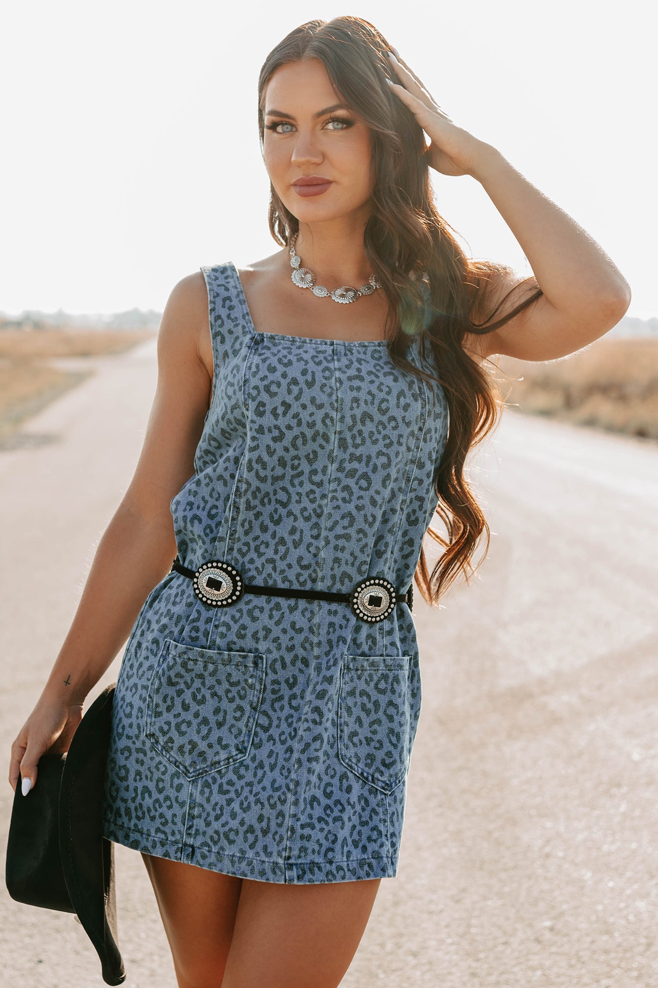 Kendrix Animal Print Denim Mini Dress (Denim Leopard) - NanaMacs