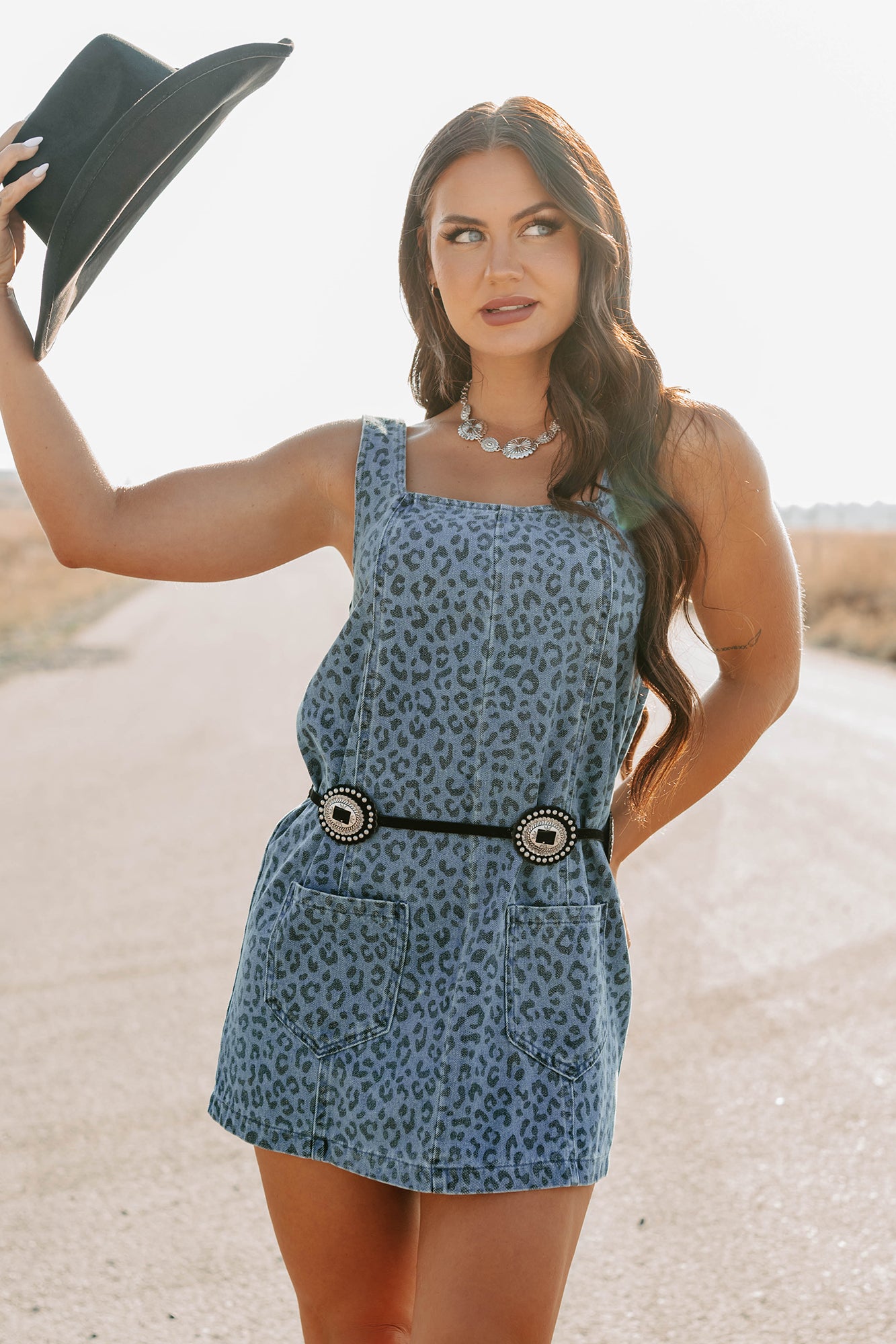 Kendrix Animal Print Denim Mini Dress (Denim Leopard) - NanaMacs