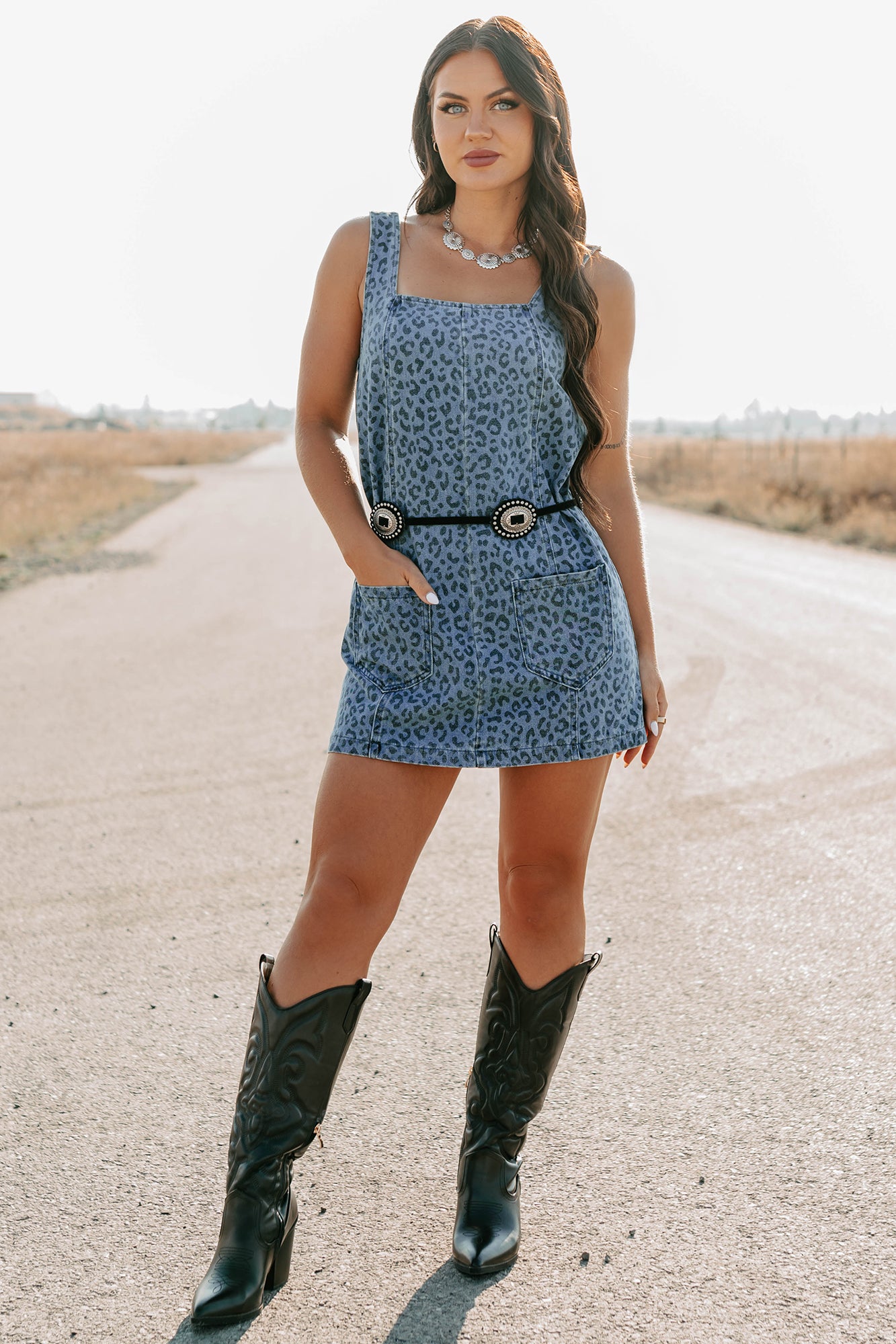 Kendrix Animal Print Denim Mini Dress (Denim Leopard) - NanaMacs