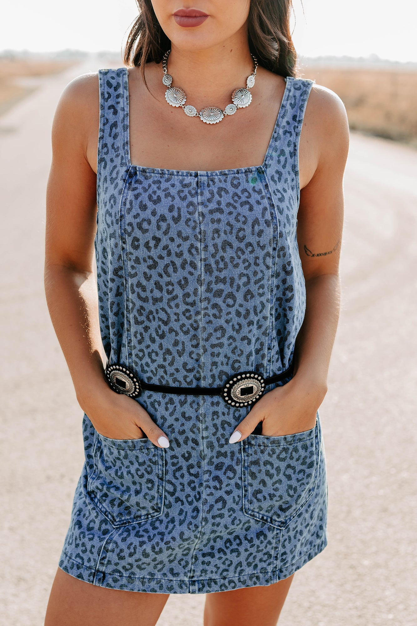 Kendrix Animal Print Denim Mini Dress (Denim Leopard) - NanaMacs