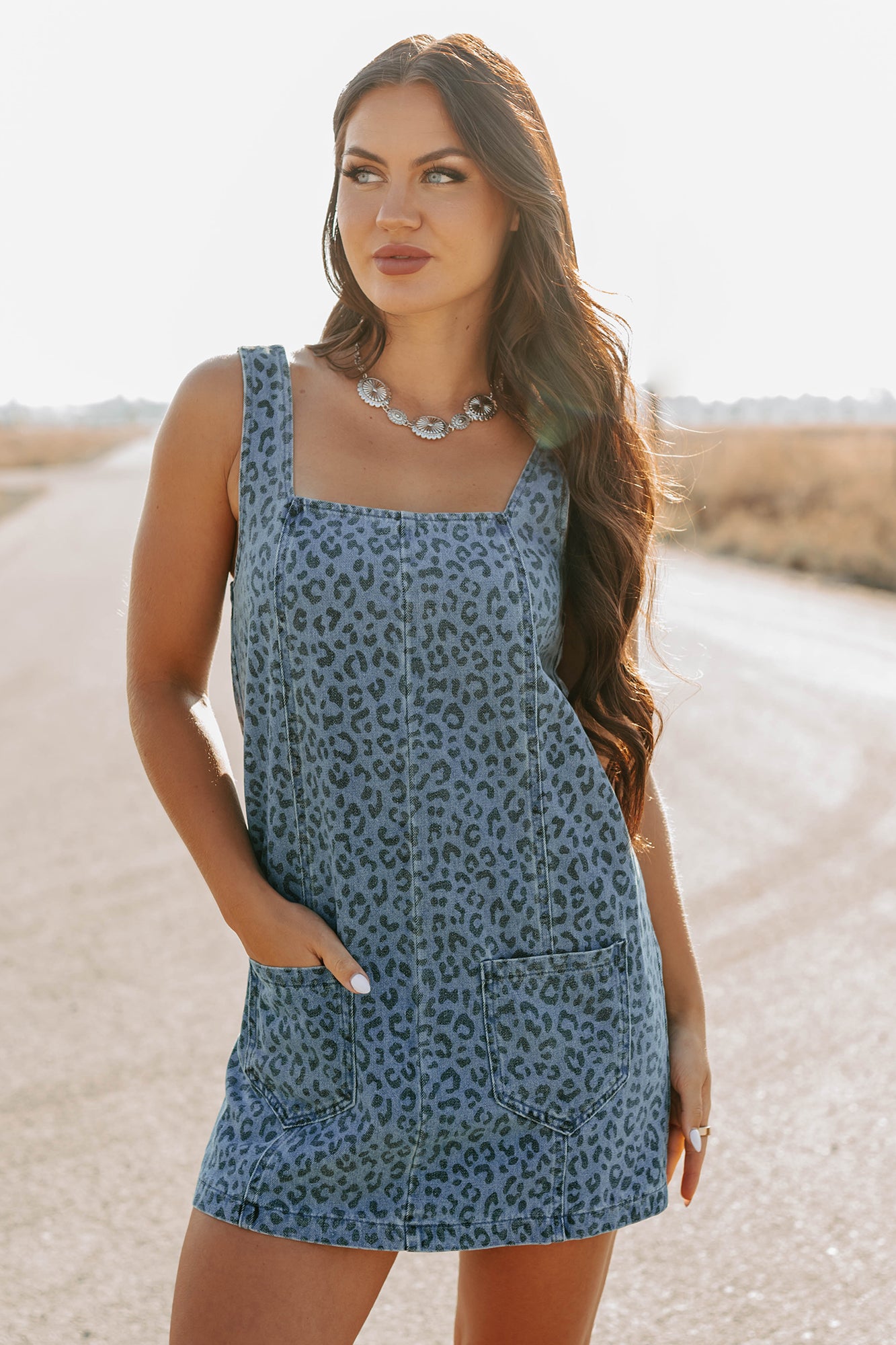 Kendrix Animal Print Denim Mini Dress (Denim Leopard) - NanaMacs