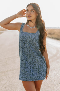 Kendrix Animal Print Denim Mini Dress (Denim Leopard) - NanaMacs