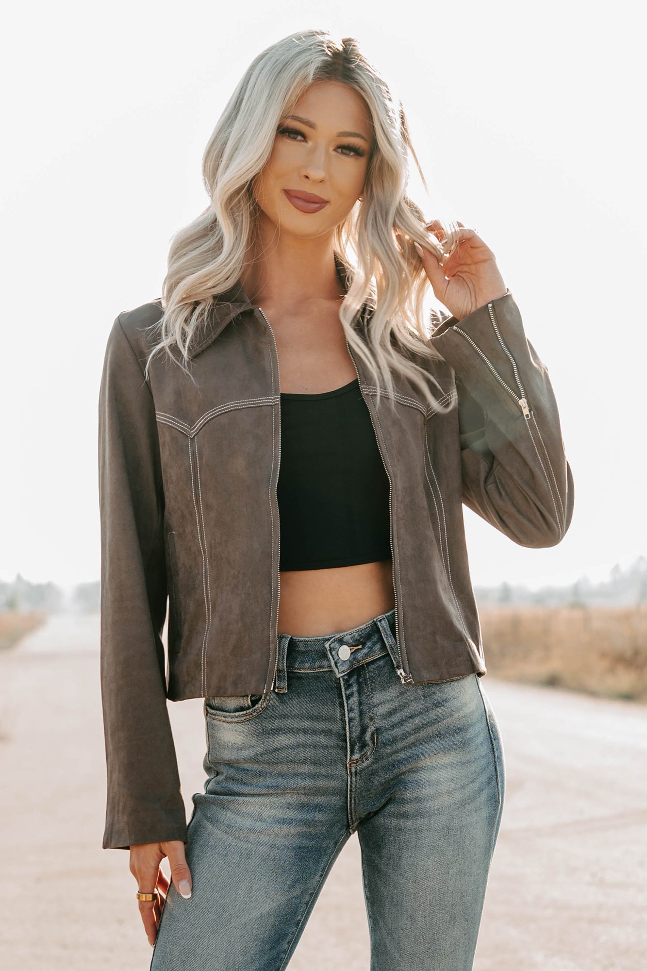 Exploring More Faux Suede Zip-Up Jacket (Charcoal) - NanaMacs