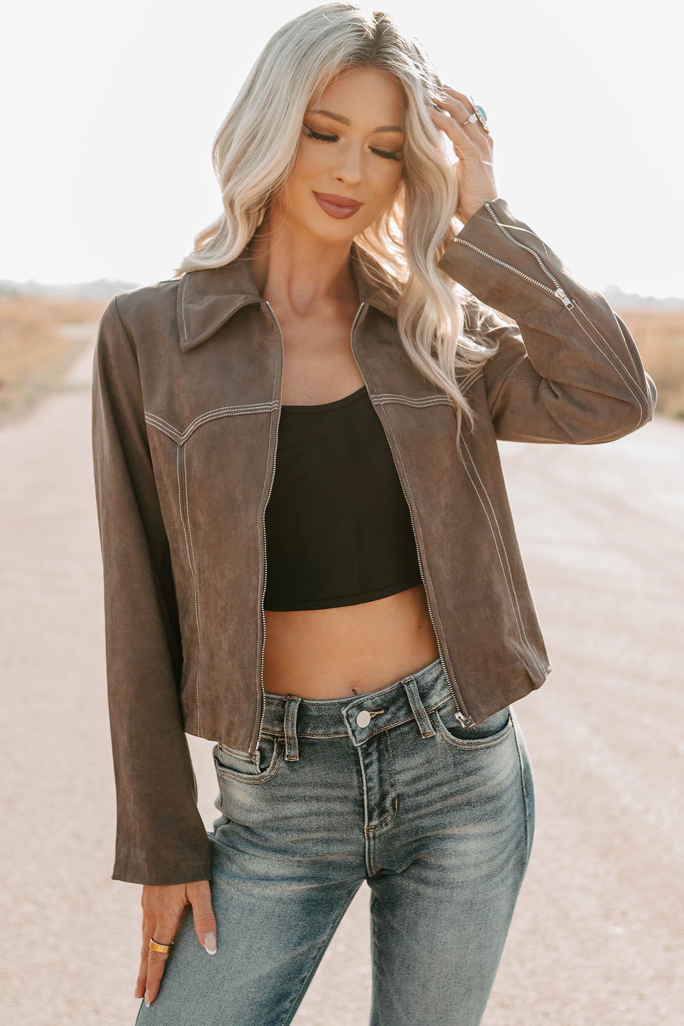 Exploring More Faux Suede Zip-Up Jacket (Charcoal) - NanaMacs