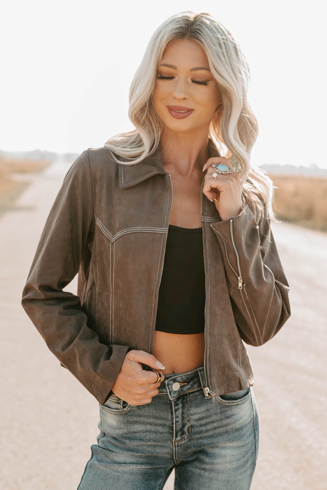 Exploring More Faux Suede Zip-Up Jacket (Charcoal) - NanaMacs