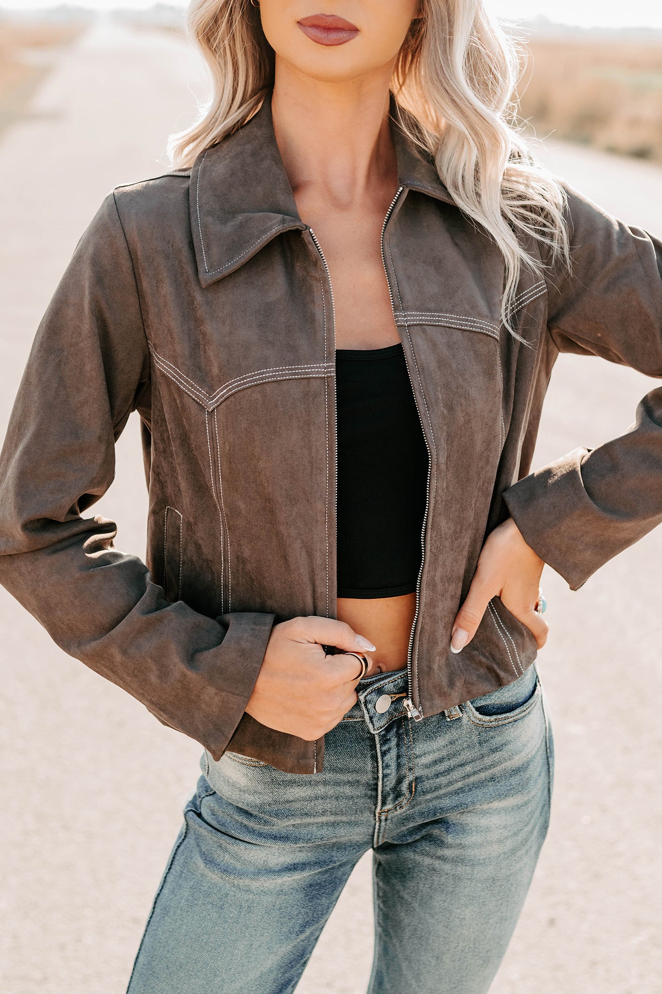 Exploring More Faux Suede Zip-Up Jacket (Charcoal) - NanaMacs