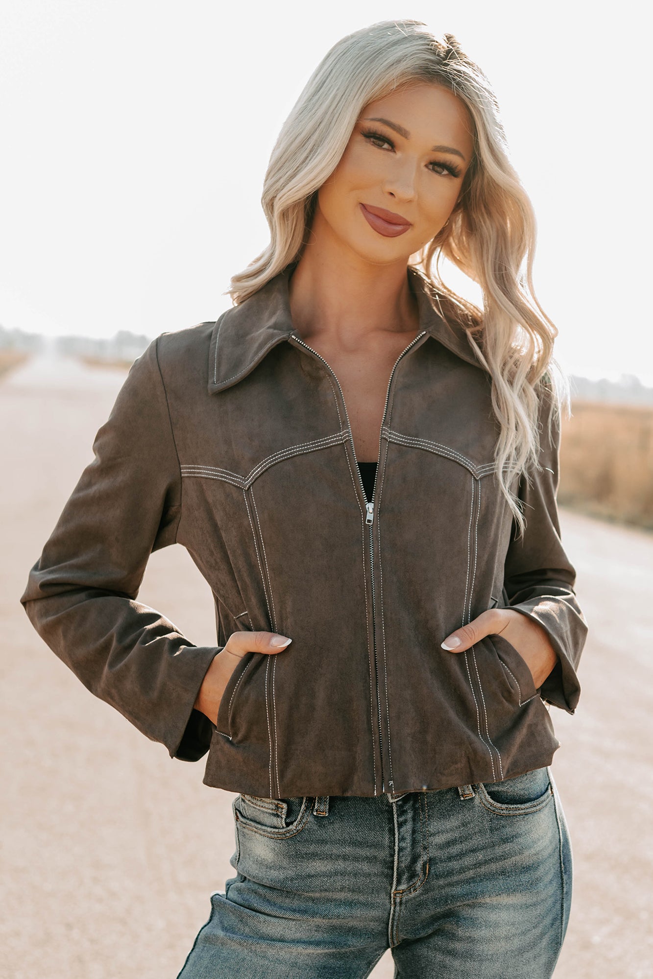 Exploring More Faux Suede Zip-Up Jacket (Charcoal) - NanaMacs