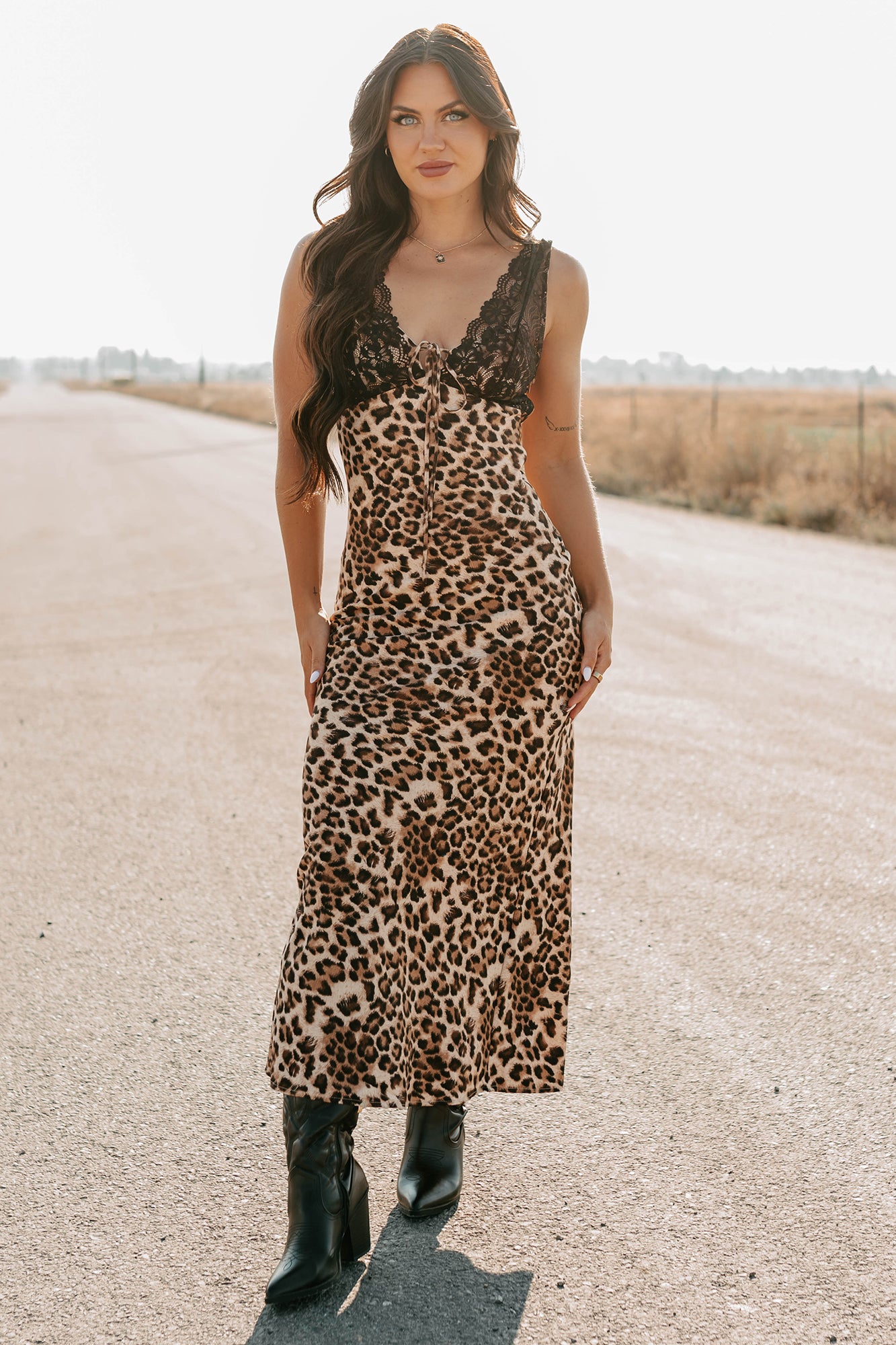 Bold Type Leopard & Lace Maxi Dress (Brown) - NanaMacs