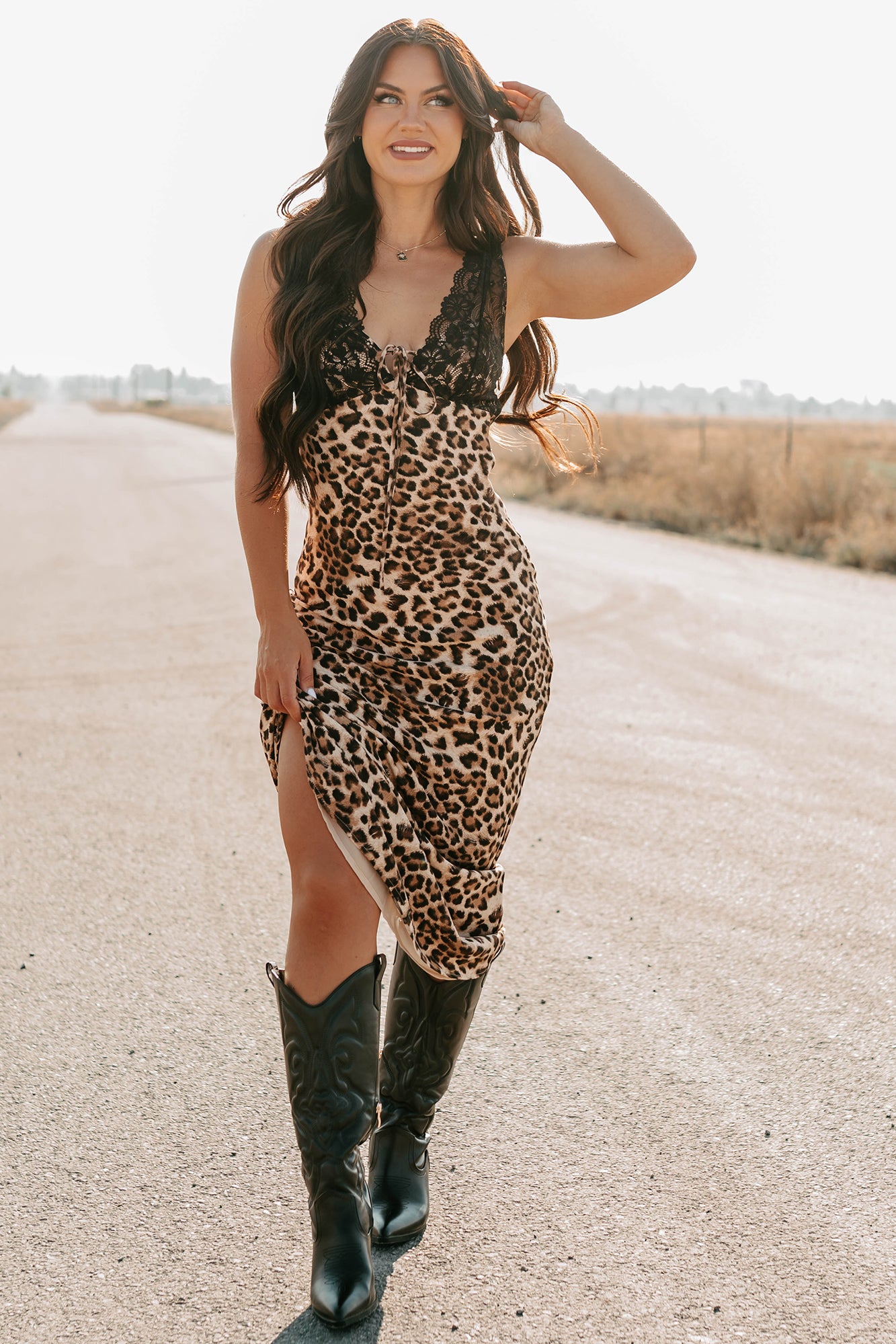 Bold Type Leopard & Lace Maxi Dress (Brown) - NanaMacs
