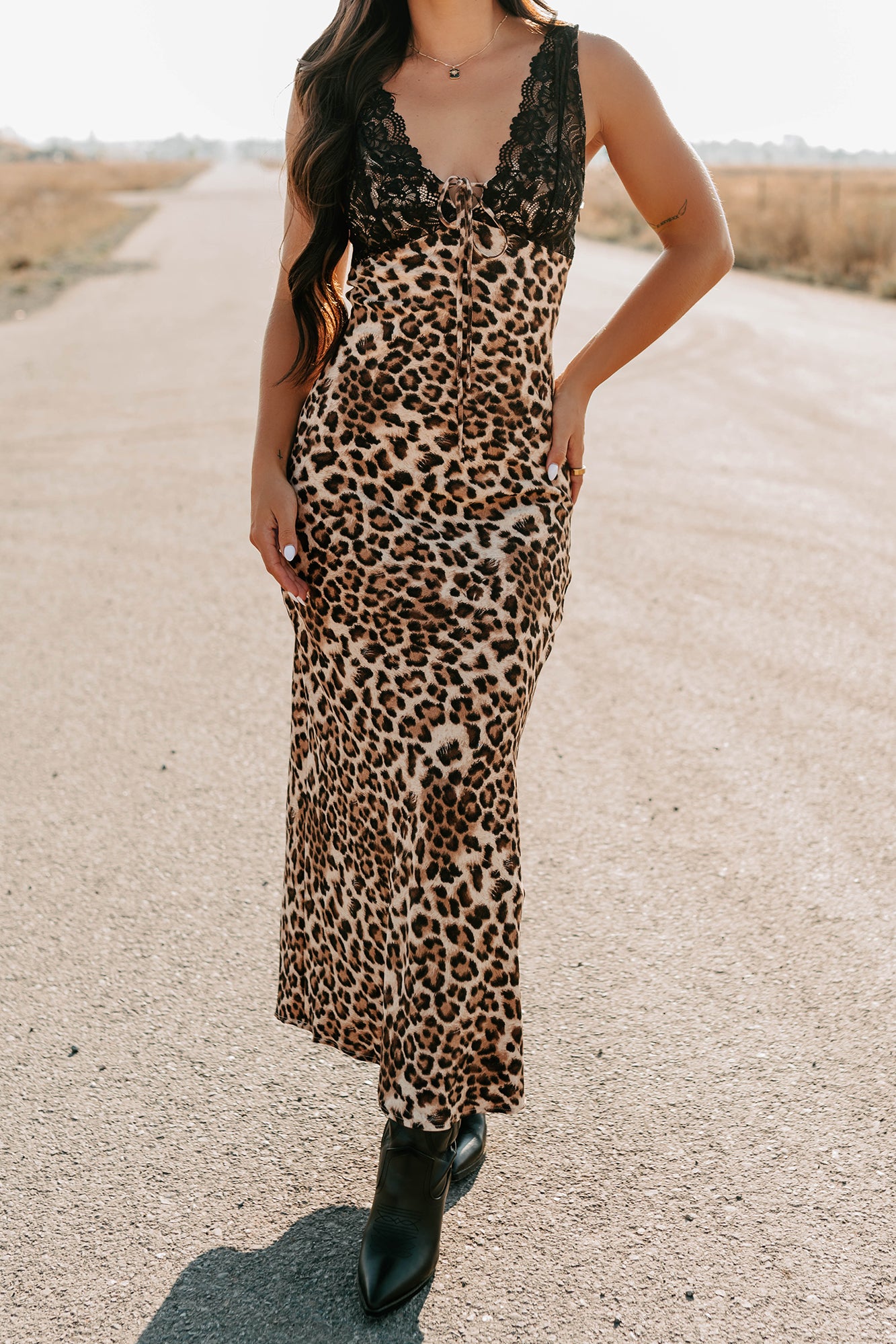 Bold Type Leopard & Lace Maxi Dress (Brown) - NanaMacs
