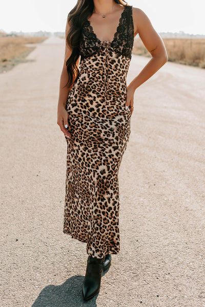 Bold Type Leopard & Lace Maxi Dress (Brown) - NanaMacs
