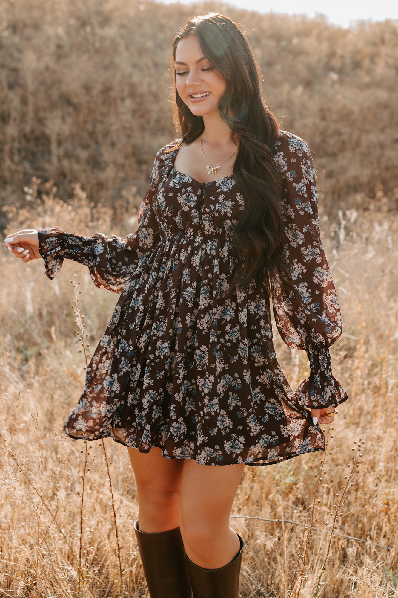 Midnight Blooms Floral Mini Dress (Baked Plum) - NanaMacs
