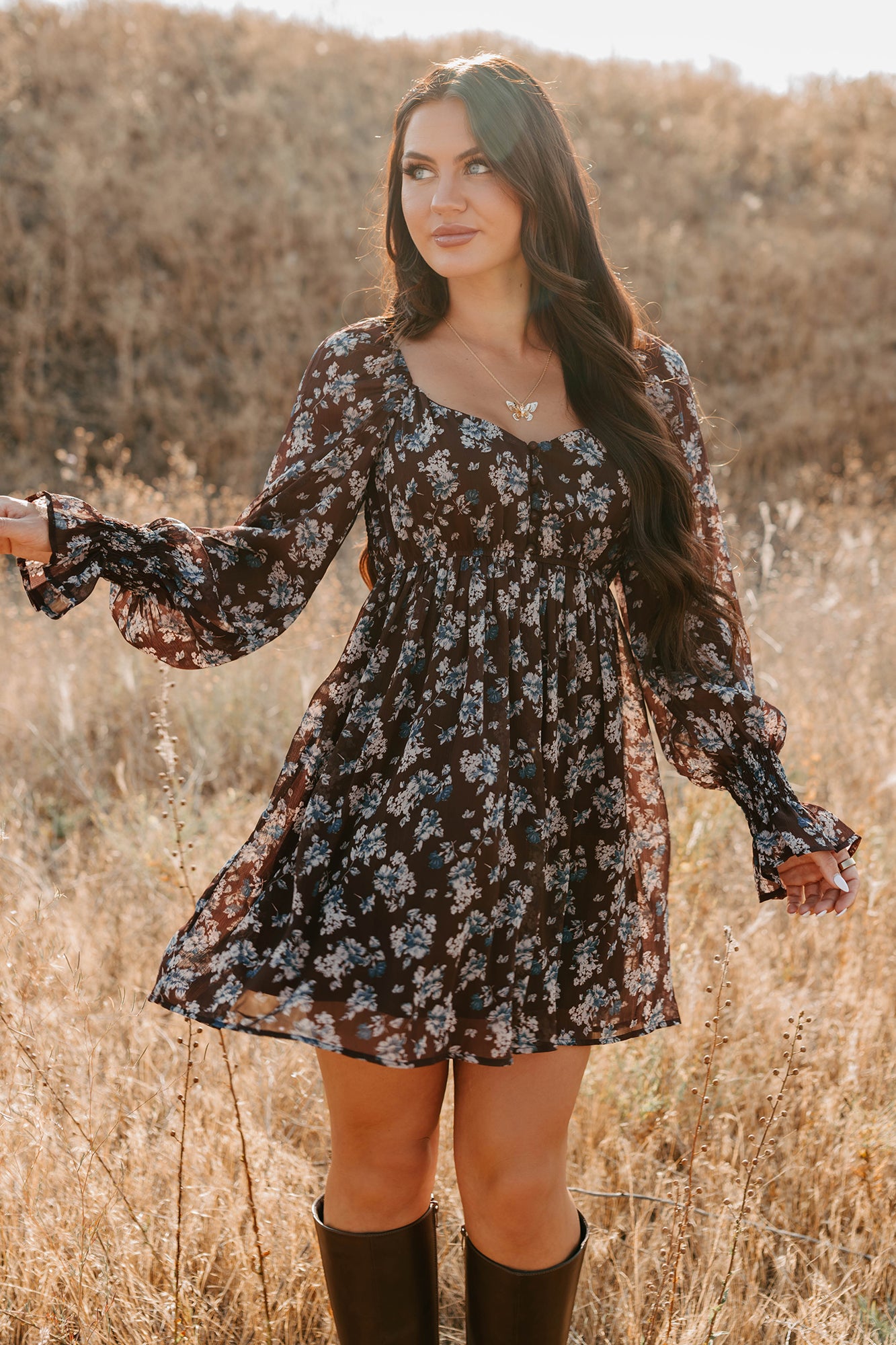 Promesa Women's Midnight Blooms Floral Mini Dress in Baked Plum - Size S Promesa Women's Midnight Blooms Floral Mini Dress in Baked Plum - Size S