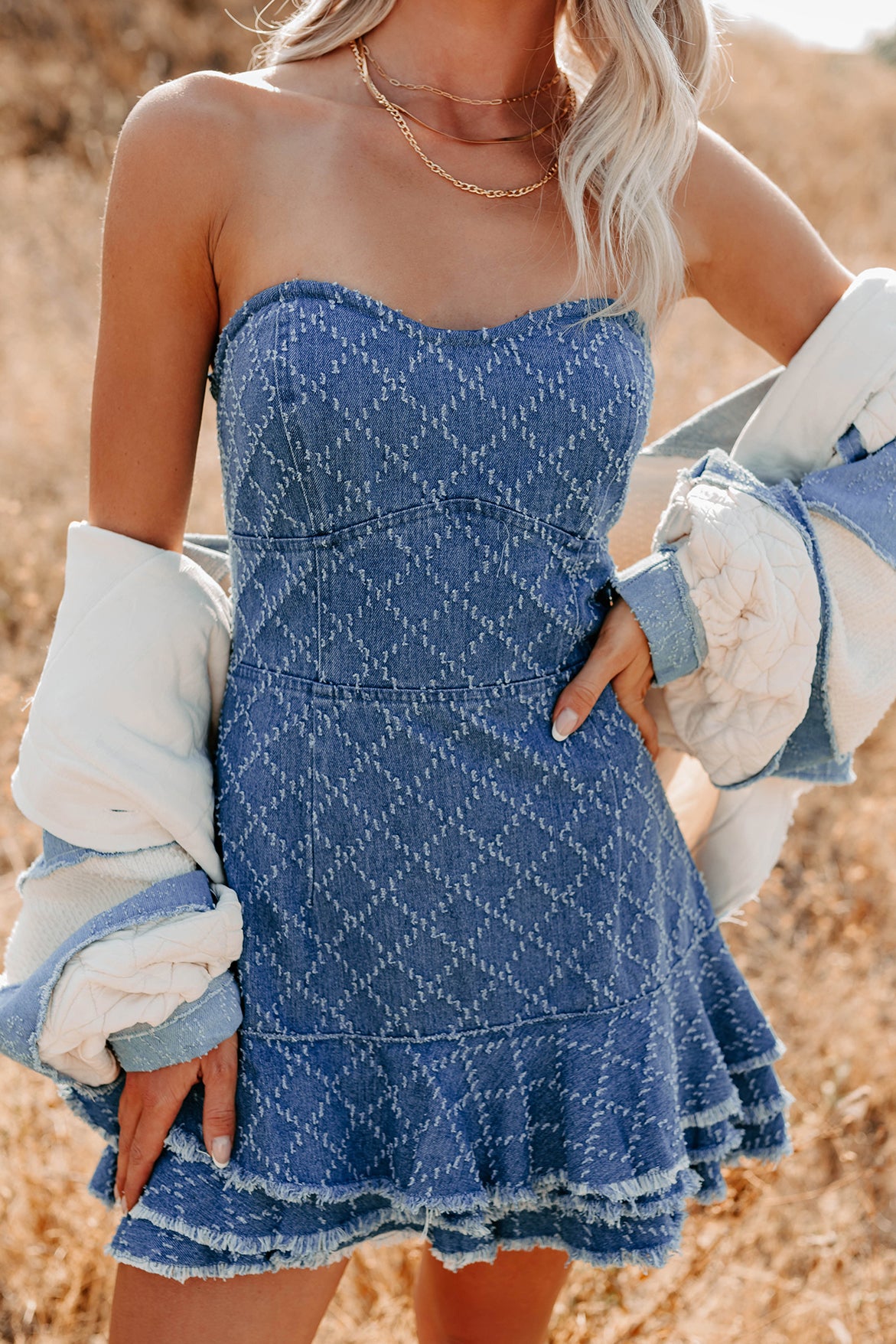 Keep Them Guessing Textured Denim Mini Dress (Washed Denim) - NanaMacs