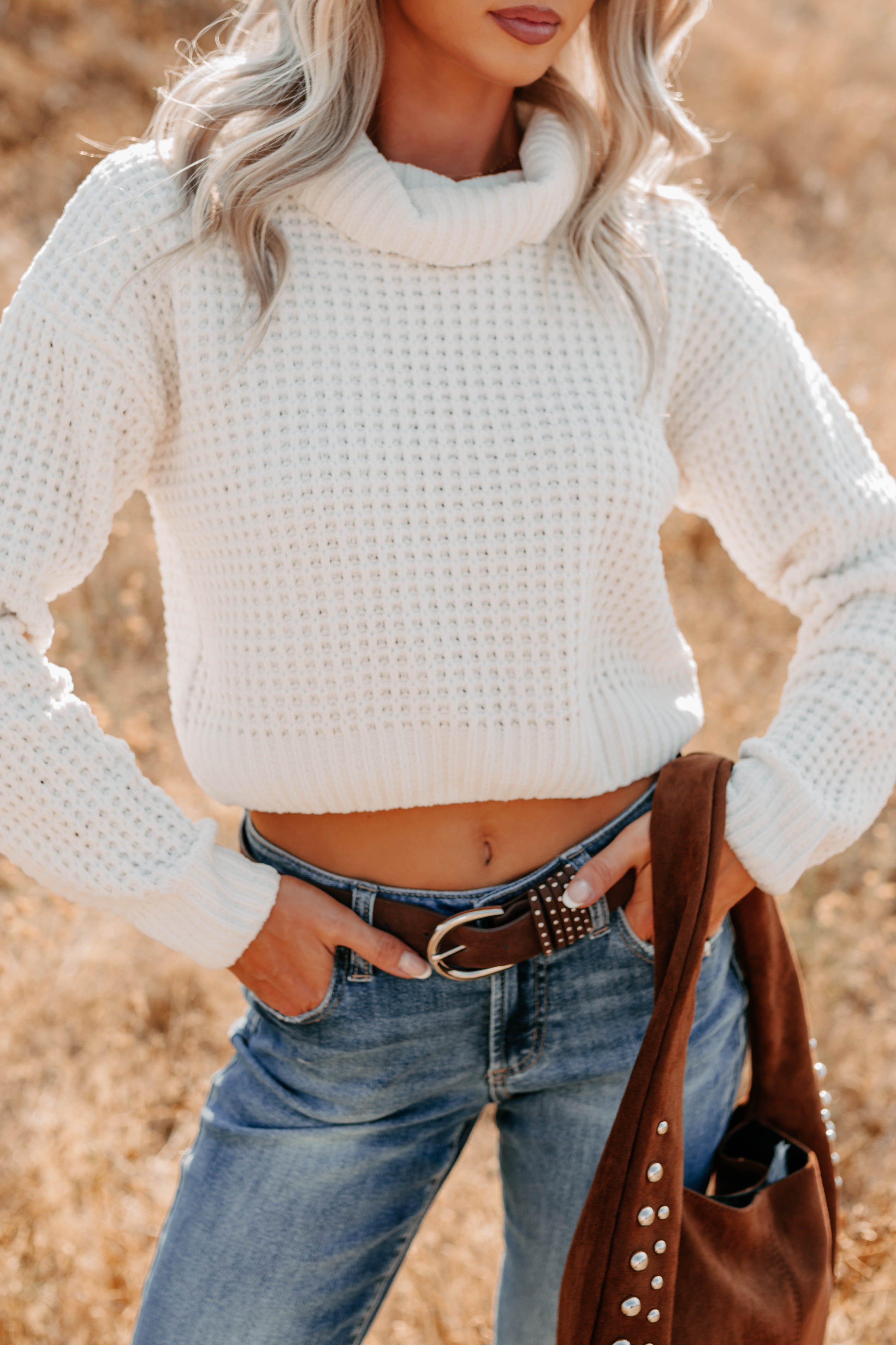 Snug Session Turtleneck Chenille Crop Sweater (Ivory) - NanaMacs