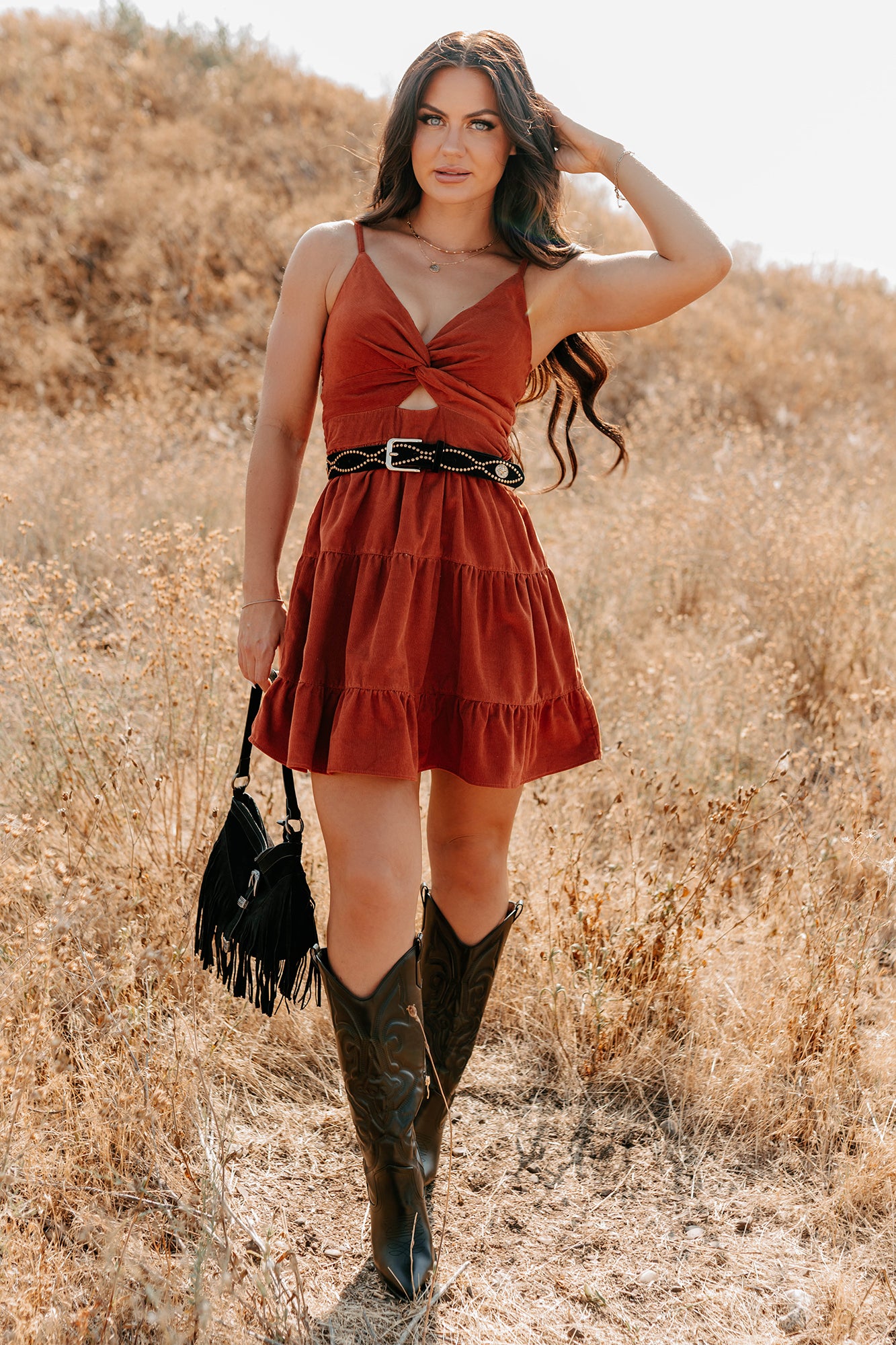 Country Things Sleeveless Corduroy Mini Dress (Terracota) - NanaMacs