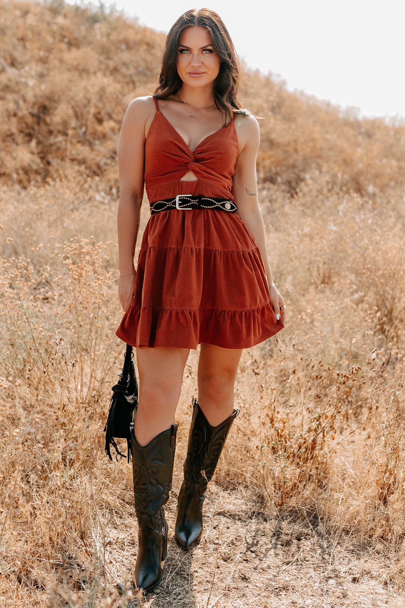 Country Things Sleeveless Corduroy Mini Dress (Terracota) - NanaMacs