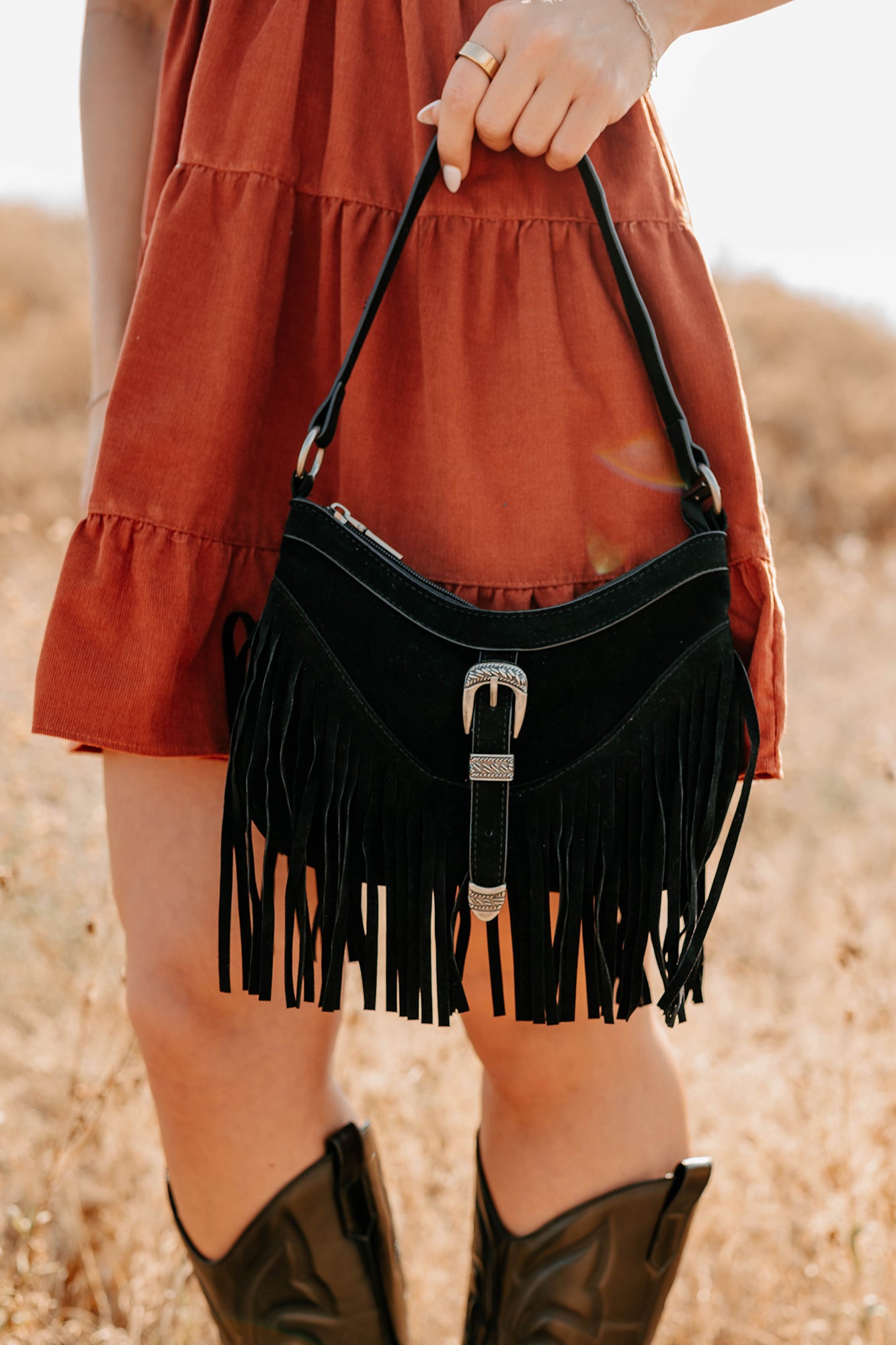 Wildflower Whiskey Faux Suede Fringe Bag (Black) - NanaMacs