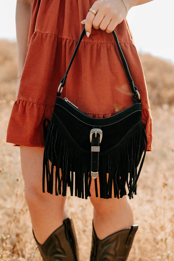 Wildflower Whiskey Faux Suede Fringe Bag (Black) - NanaMacs
