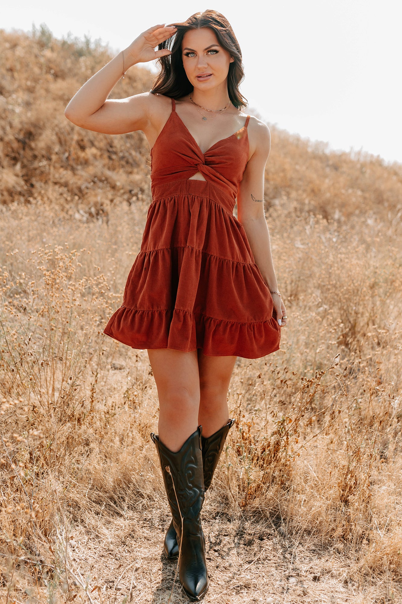 Country Things Sleeveless Corduroy Mini Dress (Terracota) - NanaMacs