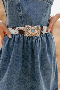 Kiss My Boots Western Cow Hide Belt (Gold/Cow Print) - NanaMacs