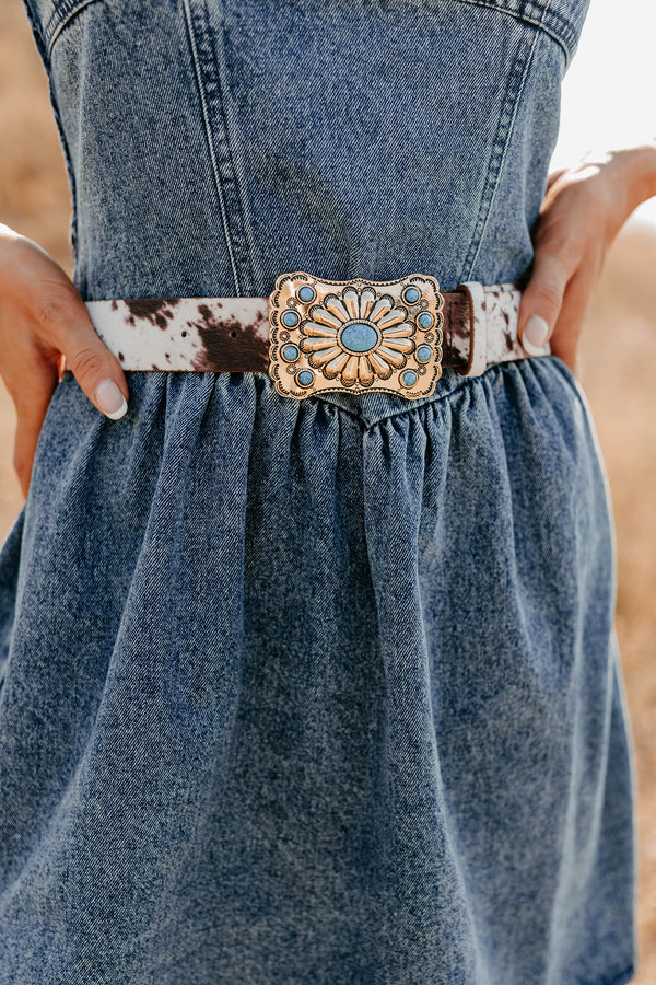 Kiss My Boots Western Cow Hide Belt (Gold/Cow Print) - NanaMacs