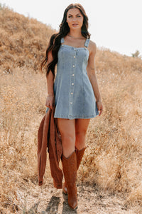 No Turning Back Denim Overalls Strap Mini Dress (Light Denim) - NanaMacs