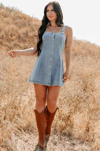 No Turning Back Denim Overalls Strap Mini Dress (Light Denim) - NanaMacs