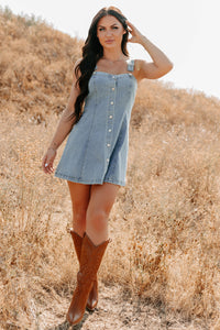 No Turning Back Denim Overalls Strap Mini Dress (Light Denim) - NanaMacs