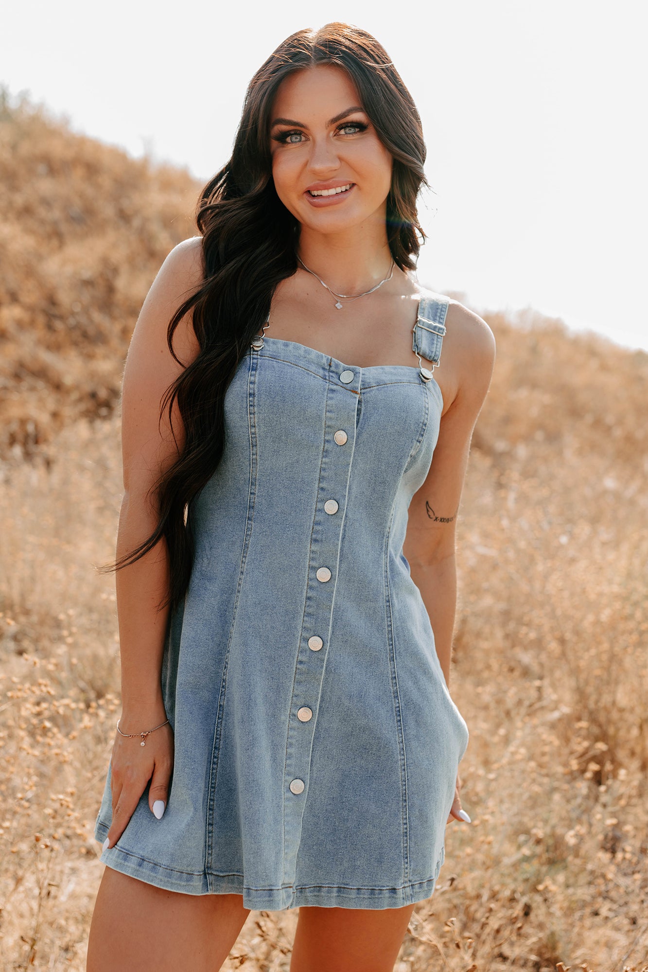 No Turning Back Denim Overalls Strap Mini Dress (Light Denim) - NanaMacs