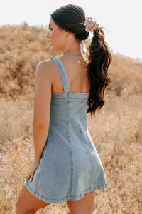 No Turning Back Denim Overalls Strap Mini Dress (Light Denim) - NanaMacs