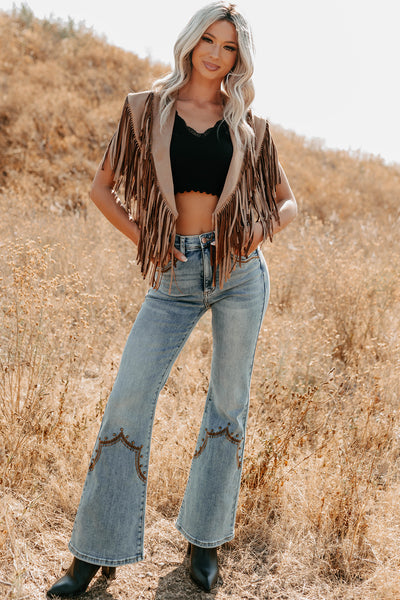 Mira Western Embroidered Saige Denim Flare Jeans (Medium Dark) - NanaMacs