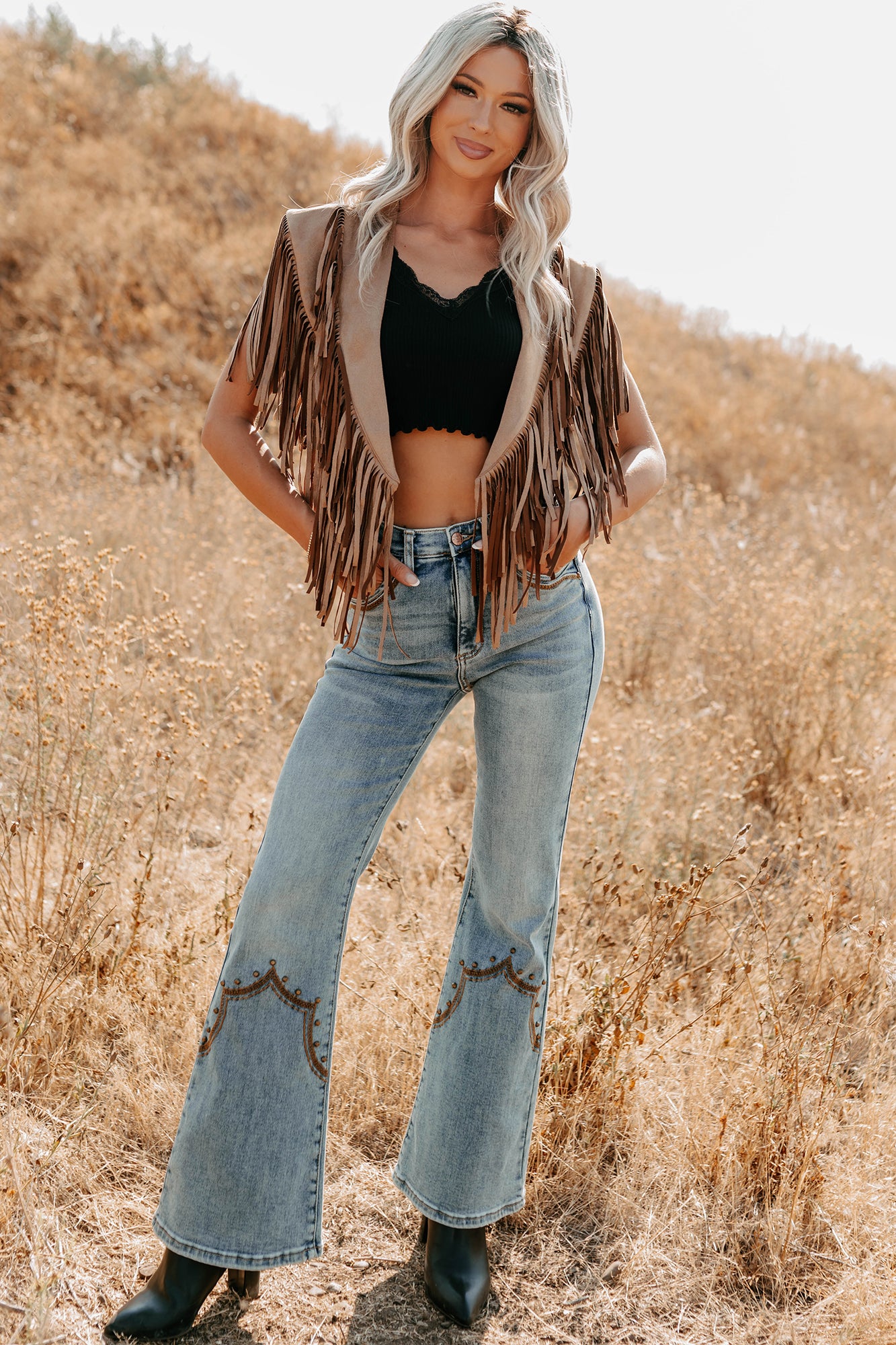 Midnight Range Faux Suede Collared Fringe Shawl (Tan) - NanaMacs