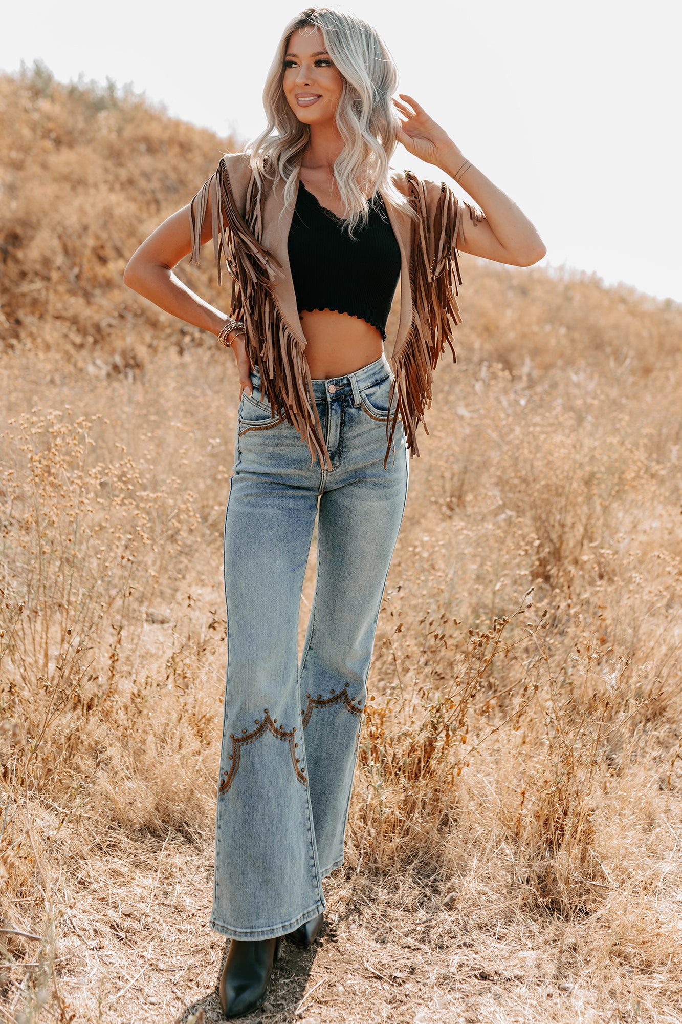 Midnight Range Faux Suede Collared Fringe Shawl (Tan) - NanaMacs