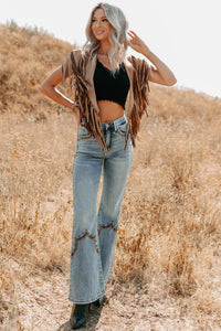 Midnight Range Faux Suede Collared Fringe Shawl (Tan) - NanaMacs