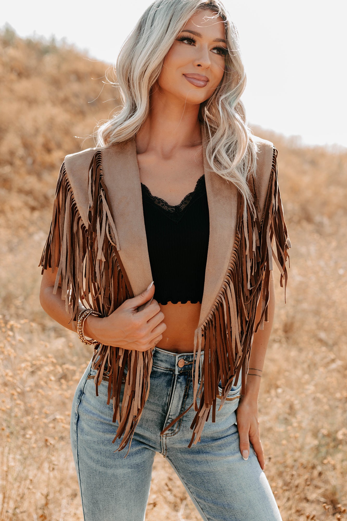 Midnight Range Faux Suede Collared Fringe Shawl (Tan) - NanaMacs