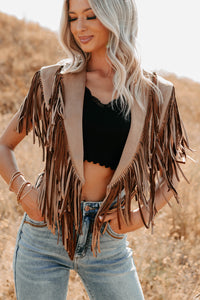 Midnight Range Faux Suede Collared Fringe Shawl (Tan) - NanaMacs