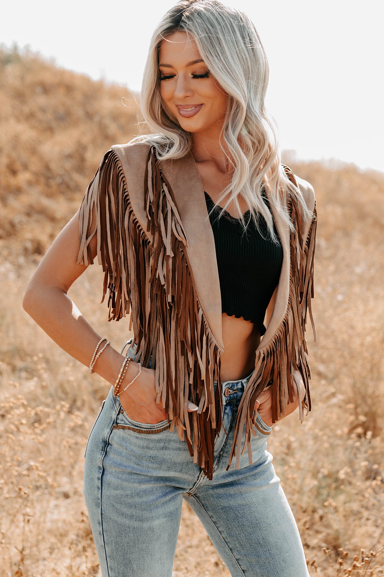Midnight Range Faux Suede Collared Fringe Shawl (Tan) - NanaMacs