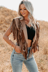 Midnight Range Faux Suede Collared Fringe Shawl (Tan) - NanaMacs