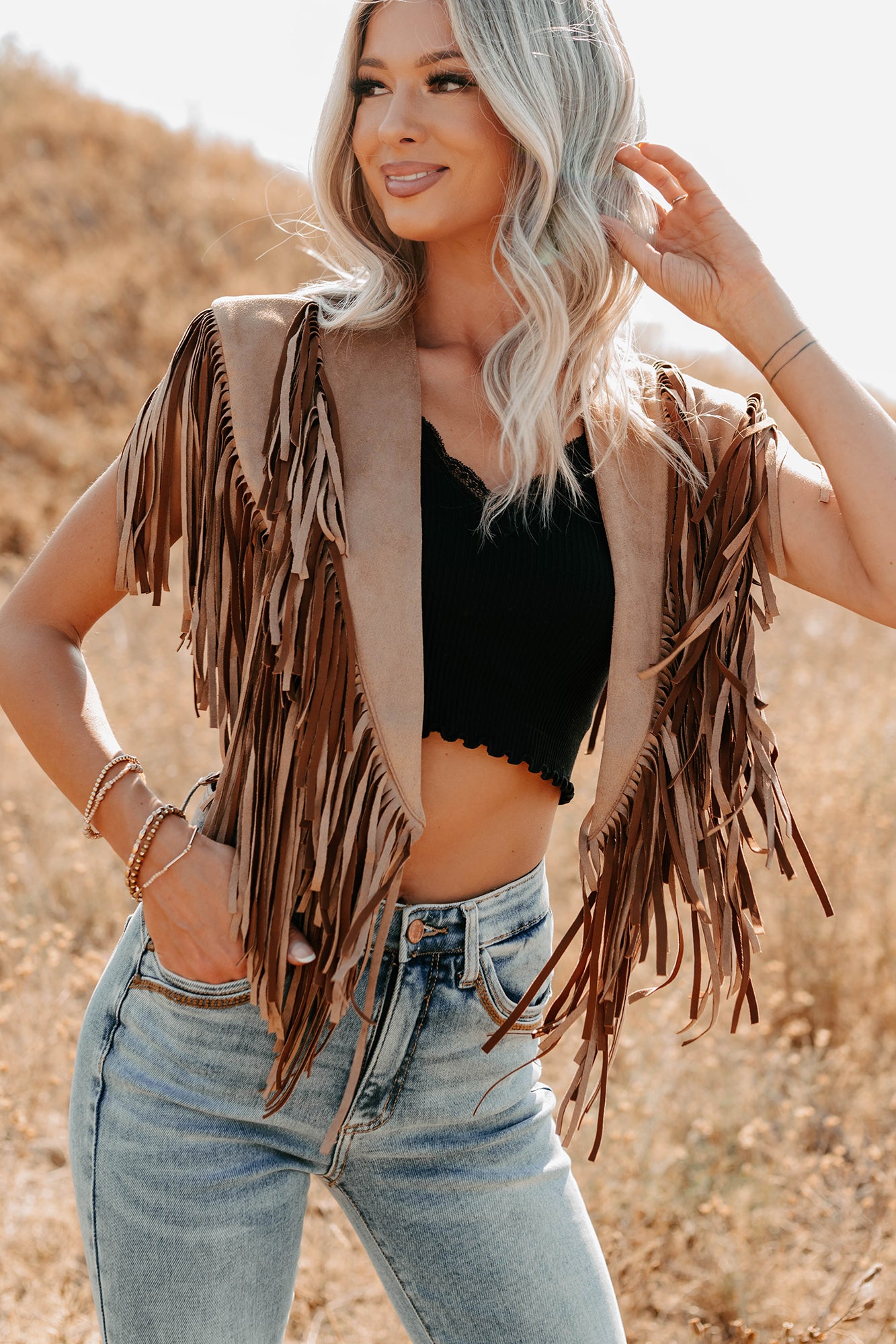 Midnight Range Faux Suede Collared Fringe Shawl (Tan) · NanaMacs