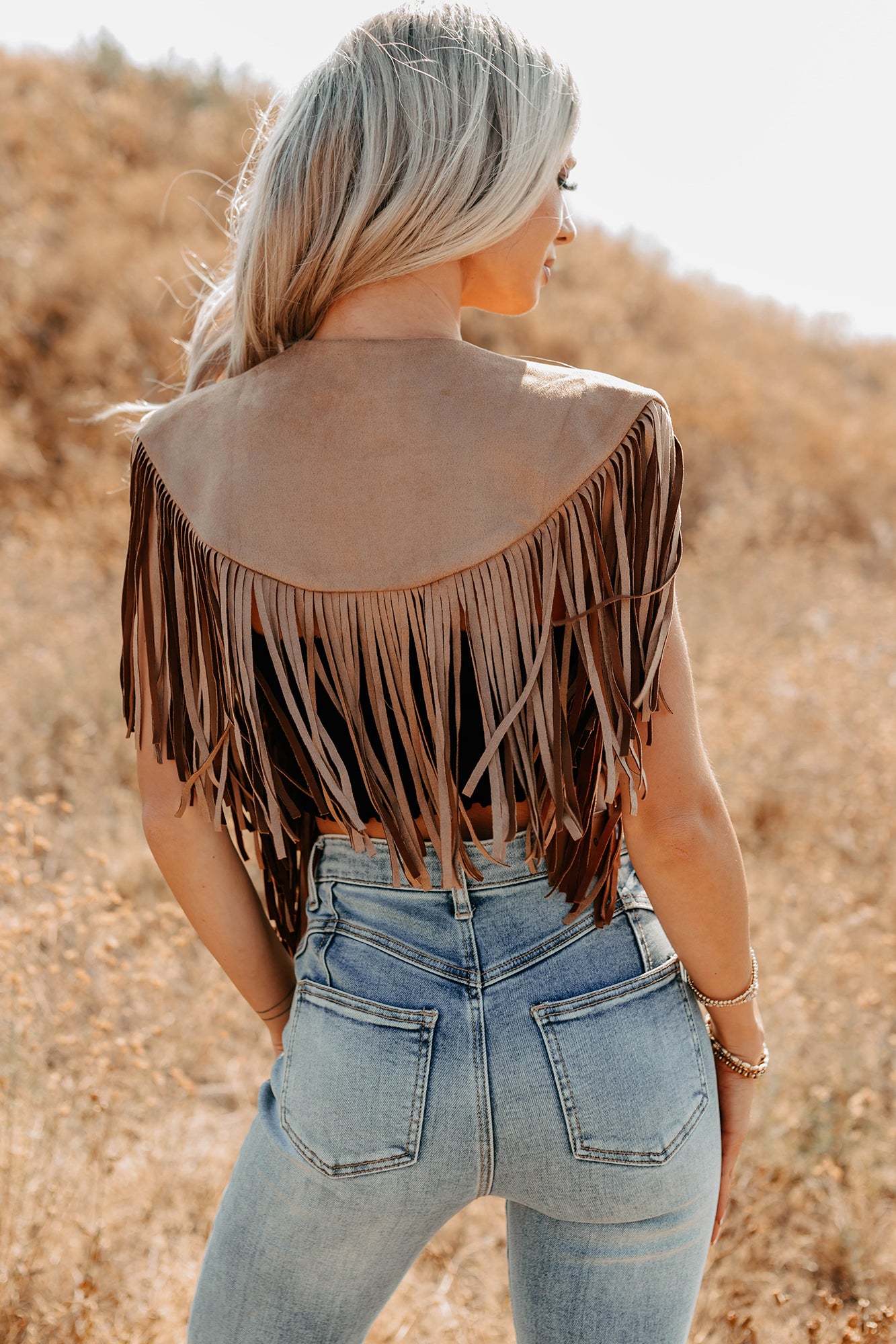Midnight Range Faux Suede Collared Fringe Shawl (Tan) - NanaMacs