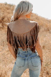 Midnight Range Faux Suede Collared Fringe Shawl (Tan) - NanaMacs